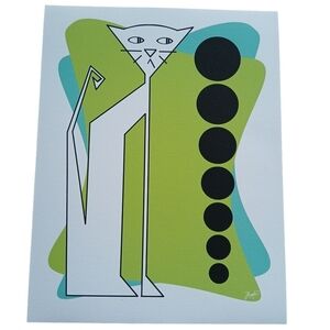 Original Signed Framed Print "Circles" Pawlie n Ester Cat Series MCM Style Frame